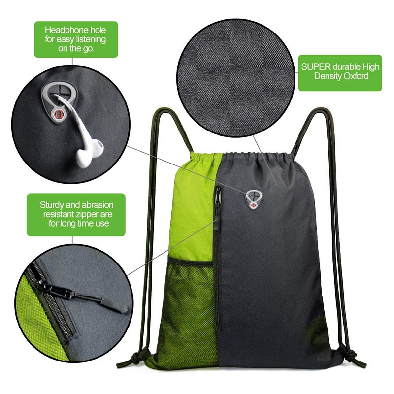 BeeGreen Lime Gym Bag Drawstring Backpack for Women Sports Backpack Workout Bag With 2 Water Bottle Mesh Pockets And Two Zipper Pockets - Image 5